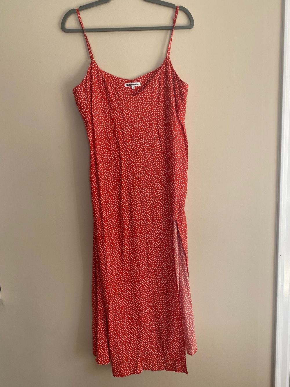 Reformation Red Polka Dot Midi Slip Dress